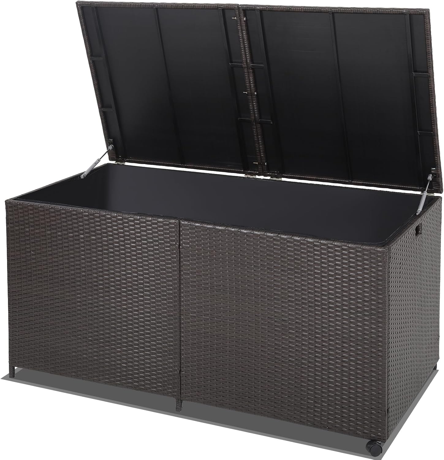 HAPPYGRILL 175 Gallon Outdoor Rattan Deck Box, Wicker Storage Bin with Zippered Liner & 2 Universal Wheels, Safe Pneumatic Rod, Patio Rattan Storage Container for Cushions Pillows