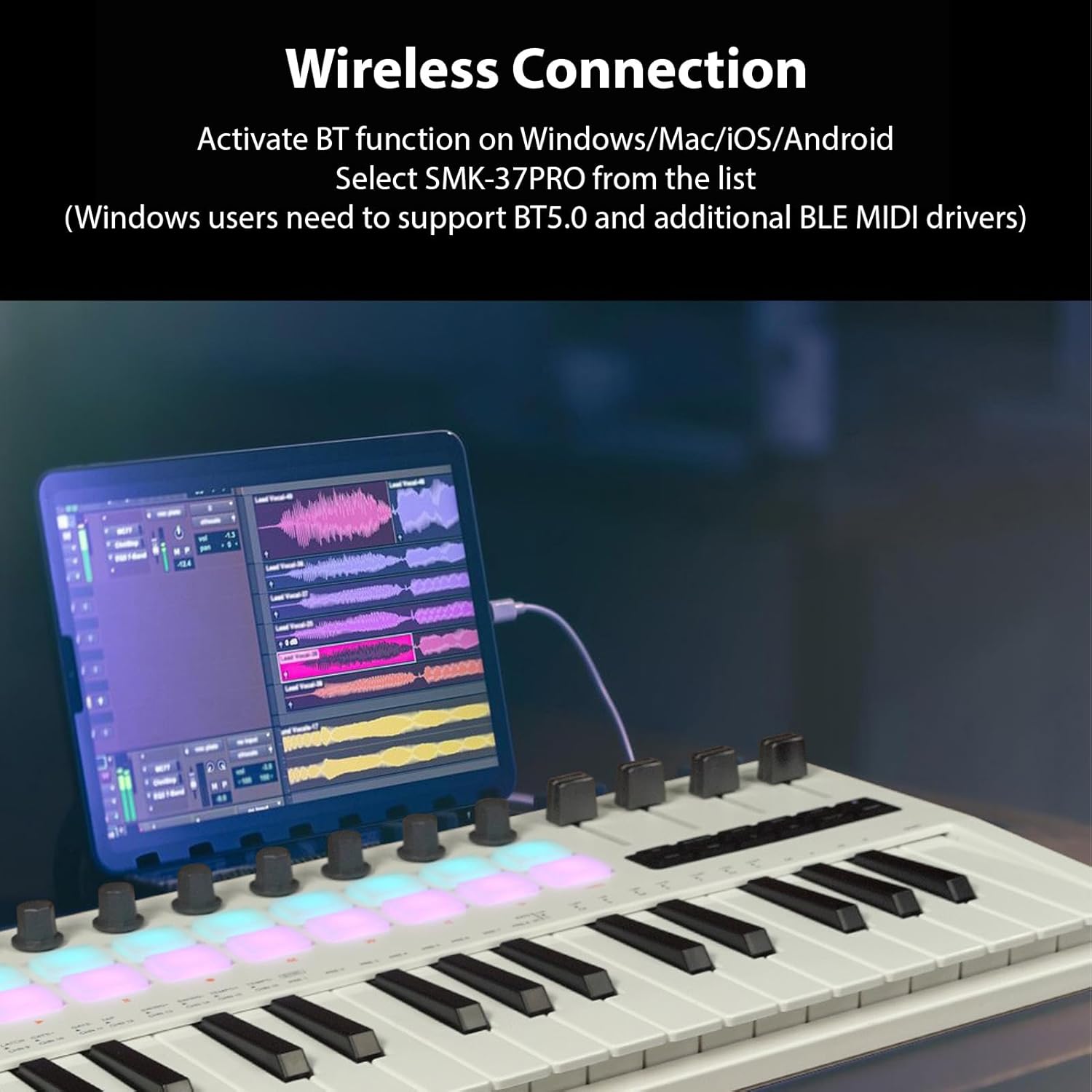 37-Key MIDI Keyboard Controller Music Production Controller MIDI Piano Keyboard Drum Pads with 16 RGB Drum Pads 8 Knobs 4 Faders Synthesizer Engine for Music Production