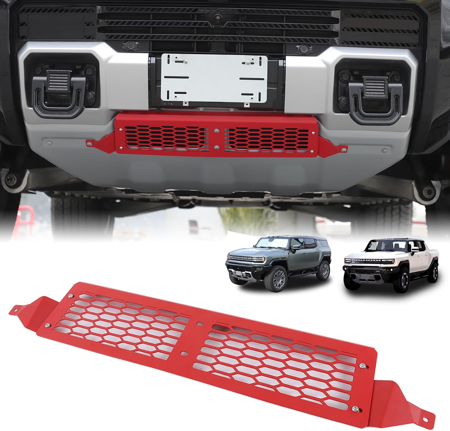 for Hummer EV Accessories Front Lower Bumper Grill Air Intake Protective Cover for 2022-2025 2026 Hummer EV SUV Pickup Aluminium Bumper Center Radiator Guards Grille Air Vent Guard Trim (Red)