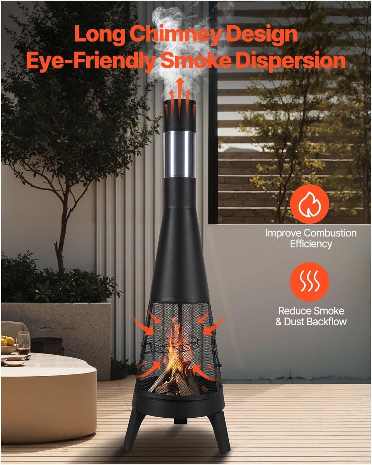 20 Inch Chiminea Wood Burning Firepit, Outdoor Conical Fireplace with Grill, Chimney Lid & Cover