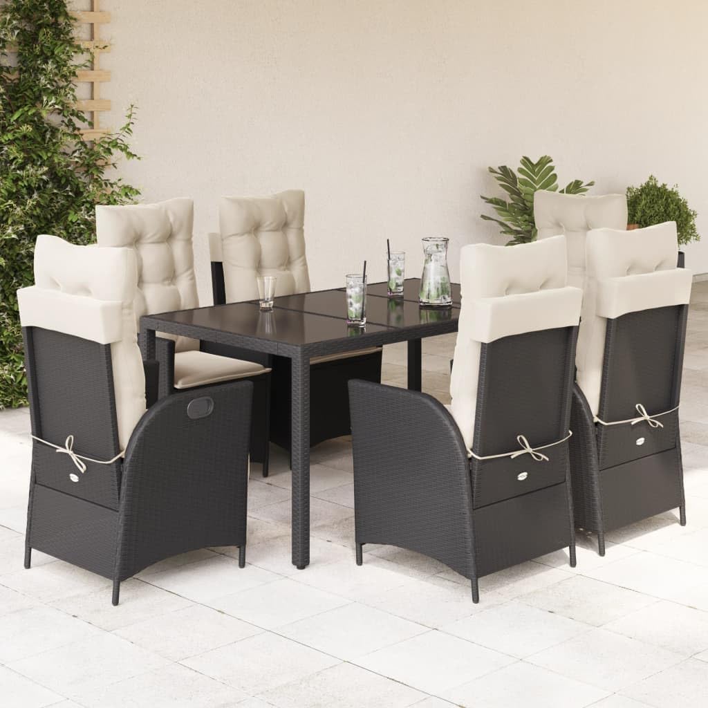 7 Piece Patio Dining Set with Cushions Black Poly Rattan,5Piece Rattan Garden Dining Set with Adjustable Backrests and Cushions Furniture Sets for Patio, Lawn & Garden