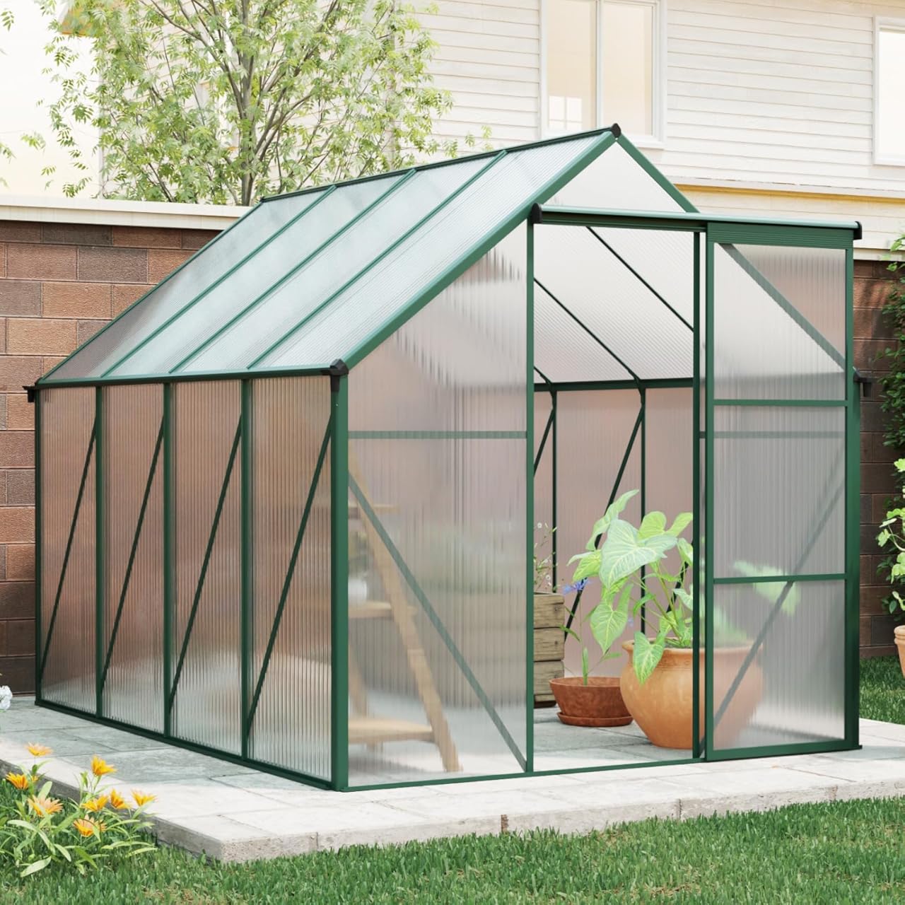 6x10 FT Polycarbonate Greenhouse with Raised Base - Heavy Duty Aluminum Walk-in Outdoor Storage Shed for Garden Tool Bike Storage All Season Backyard,Green 6 * 8FT