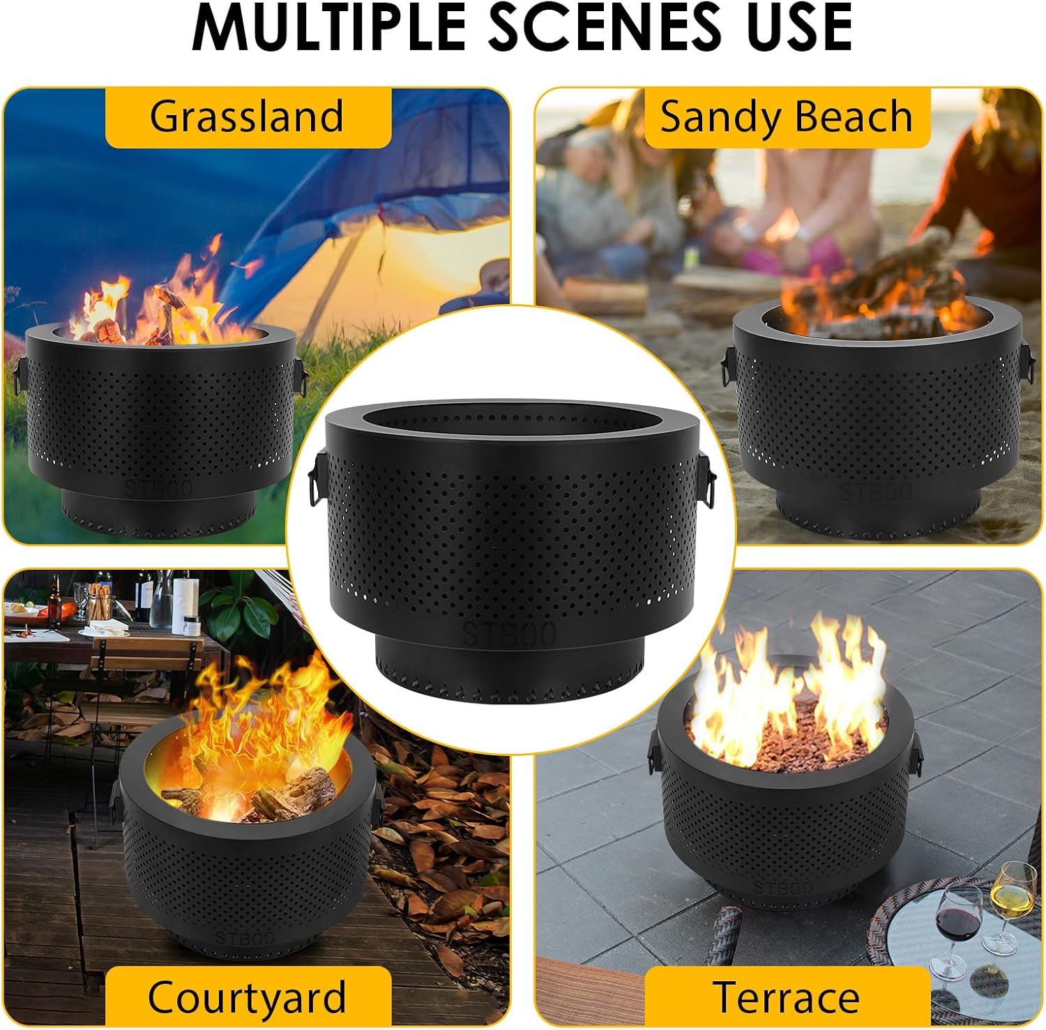 STBoo Smokeless Fire Pits for Outside with Portable Carrying Storage Bag, 20x14 Inch Firepits Outdoor Wood Burning, Low Smoke Outdoor Fireplace for Bonfire Picnic Backyard Cooking on Beach, Black, L