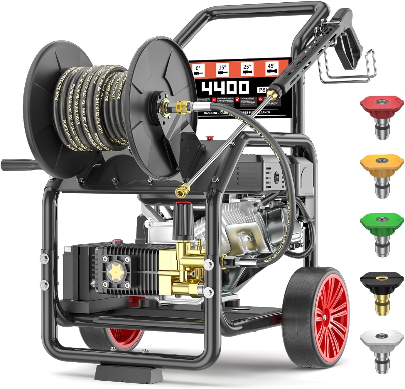 4400 PSI Gas Powered Commercial High Pressure Washer with 296cc 7HP Engine 4.0GPM Electric Start, Includes Hose Reel 50 FT 3/8 inch Hose 5 Quick Connect Nozzles Spray Gun and Wand