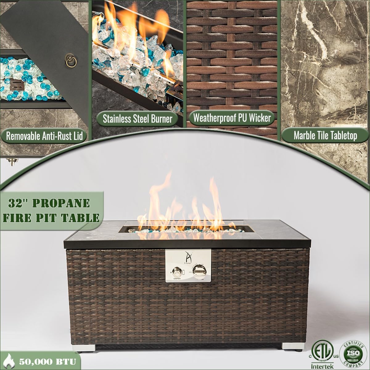 Outdoor Propane Fire Pit Table, 32L x 20W x 15H inches, 50,000 BTU, Brown Wicker Base with Ceramic Tile Top