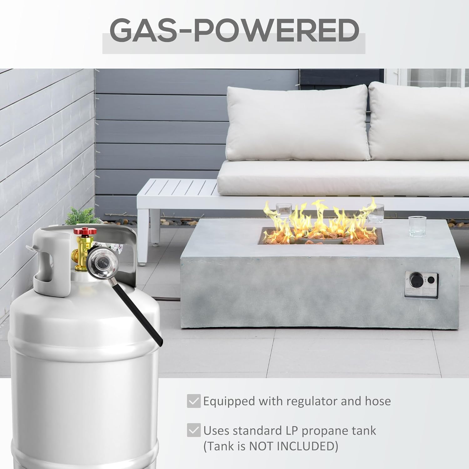 Outsunny Outdoor Propane Fire Pit Table Faux Grey Ledge Stone 42-inch Square Fire Table, 50,000BTU Auto Ignition Gas Firepits with Protective Cover, Lava Rocks, CSA Certification for Outdoor, Grey