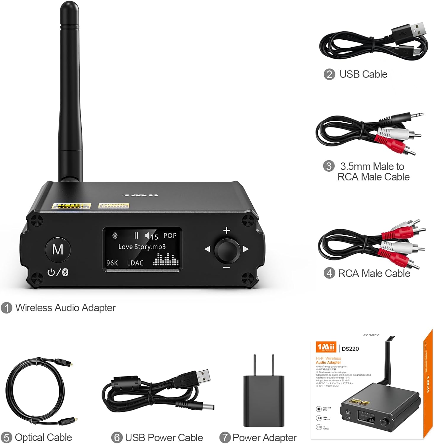 1Mii DS220 HiFi Bluetooth Receiver – Long Range Wireless Audio Adapter with Audiophile DAC, LDAC & aptX HD, OLED Display, Optical/Coaxial/RCA Outputs for Home Stereo & AV Receiver