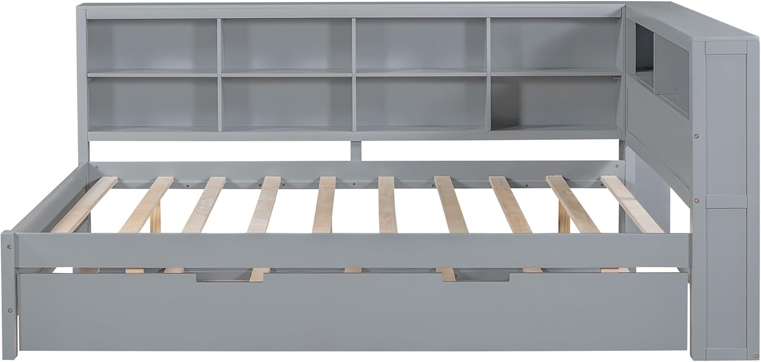 Wooden Twin Daybed with Trundle and Storage Shelf, Twin Size Daybed Frame with Charging Station, for Bedroom, Guest Room Grey (Product D)