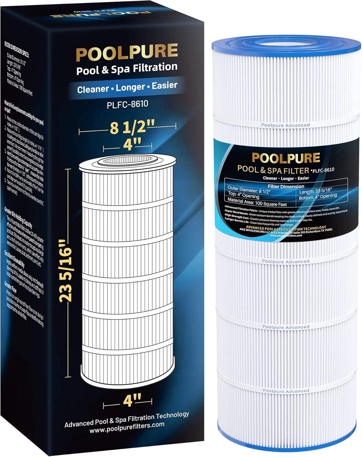 POOLPURE PLFC-8610 Pool Filter Replaces PA100, Ultral-D1, Unicel C-8610, C-7487, Filbur FC-1290, Hayward CX1100-RE, Hayward c1100, 100 Sq.ft Filter Cartridge 1PACK