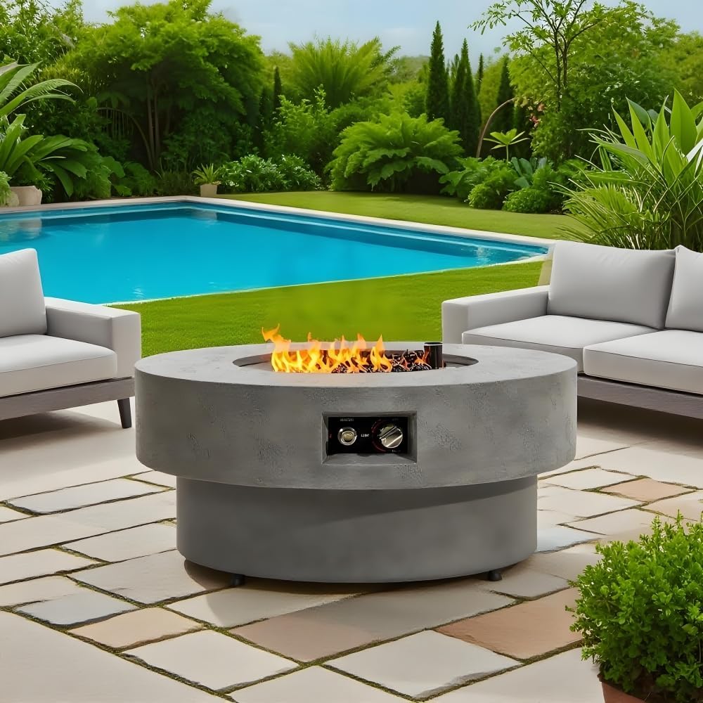 34 Inch Round Propane Fire Pit Table for Outdoor Patio with 50000 BTU Heat Output, Glass Rocks, Weather Cover and Burner Lid