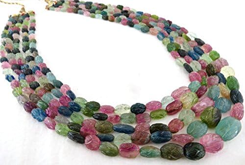 5 Line Natural Certified Multi Tourmaline Carved Long Beads Necklace 19 INCH 18.5MM to 8.5MM