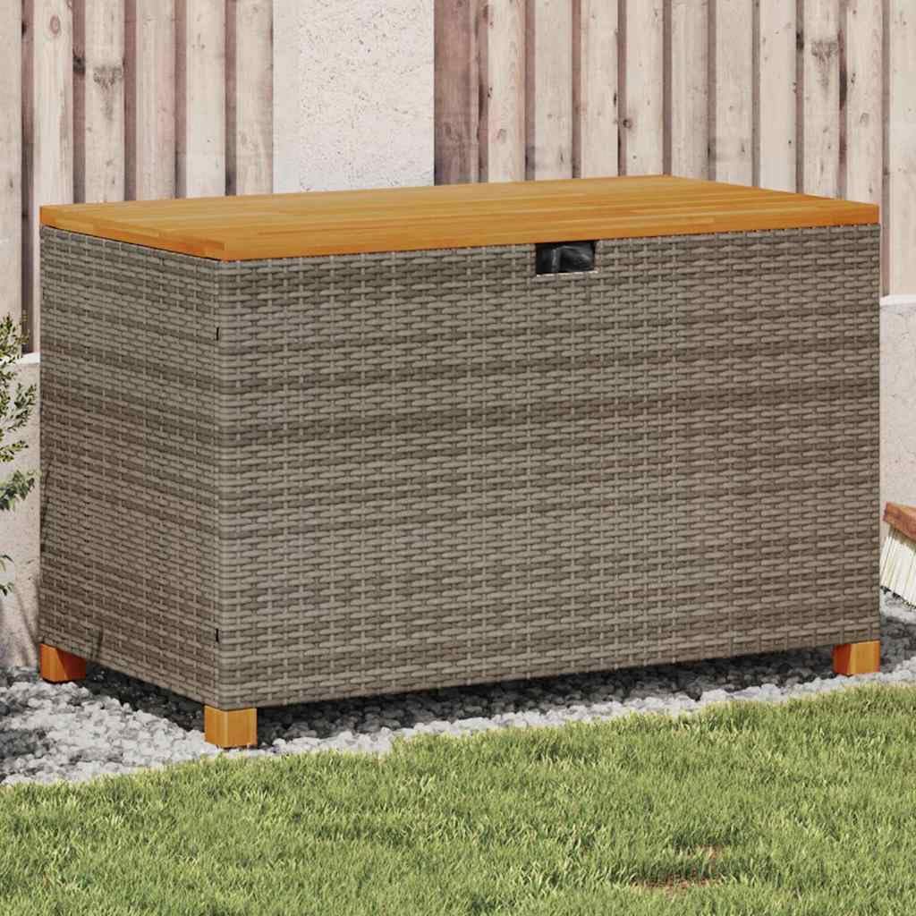 Modern Rectangular Garden Storage Box, Grey Poly Rattan & Acacia Wood, Outdoor Deck Pool Storage for Cushions, Blankets, 43.3 x 21.7 x 24.8 inches, Weatherproof, Oiled Finish