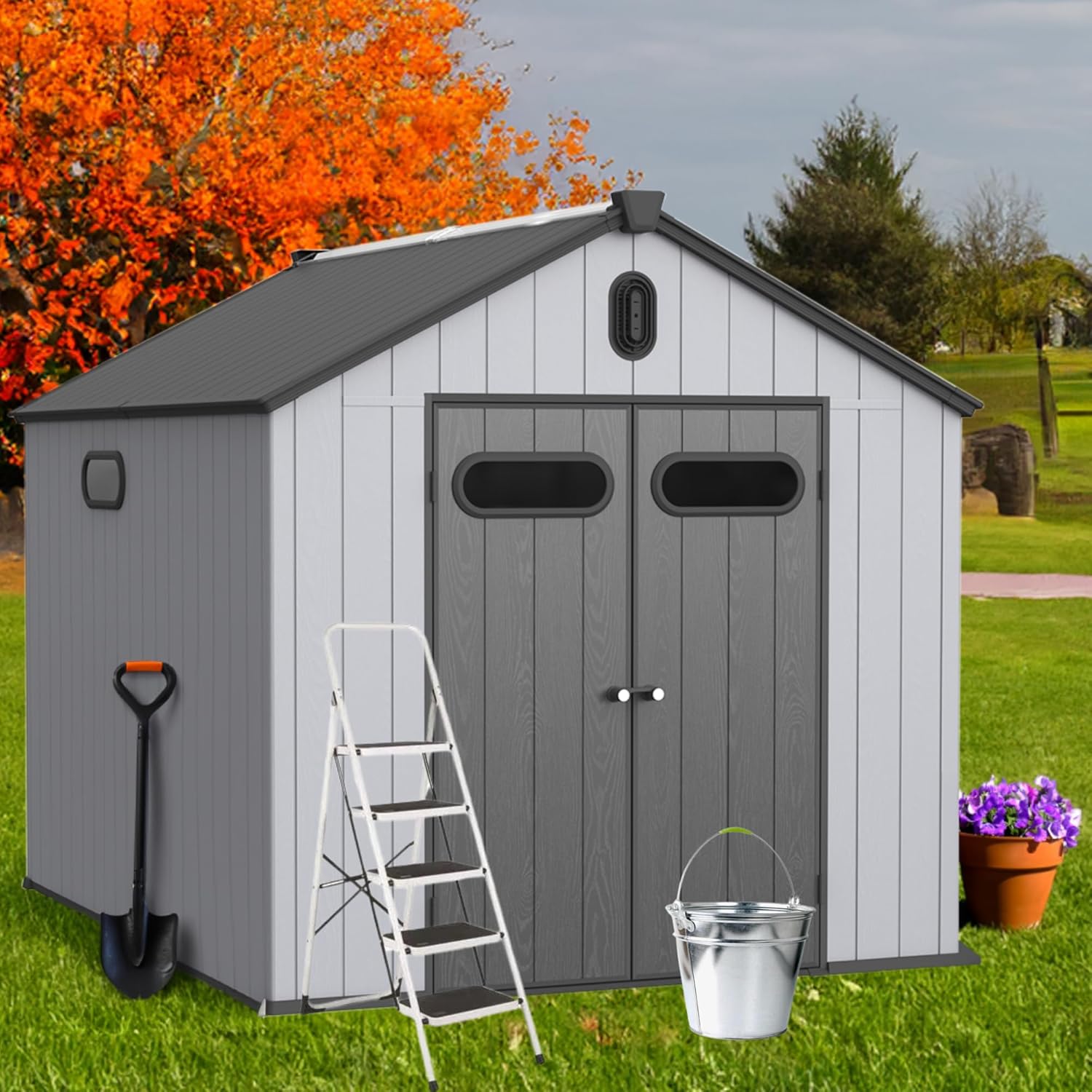 Outdoor Storage Shed Waterproof Metal Garden Tool Bike Sheds Kit Lean to Backyard Storage Building Cabinet House Plastic Resin,Gray