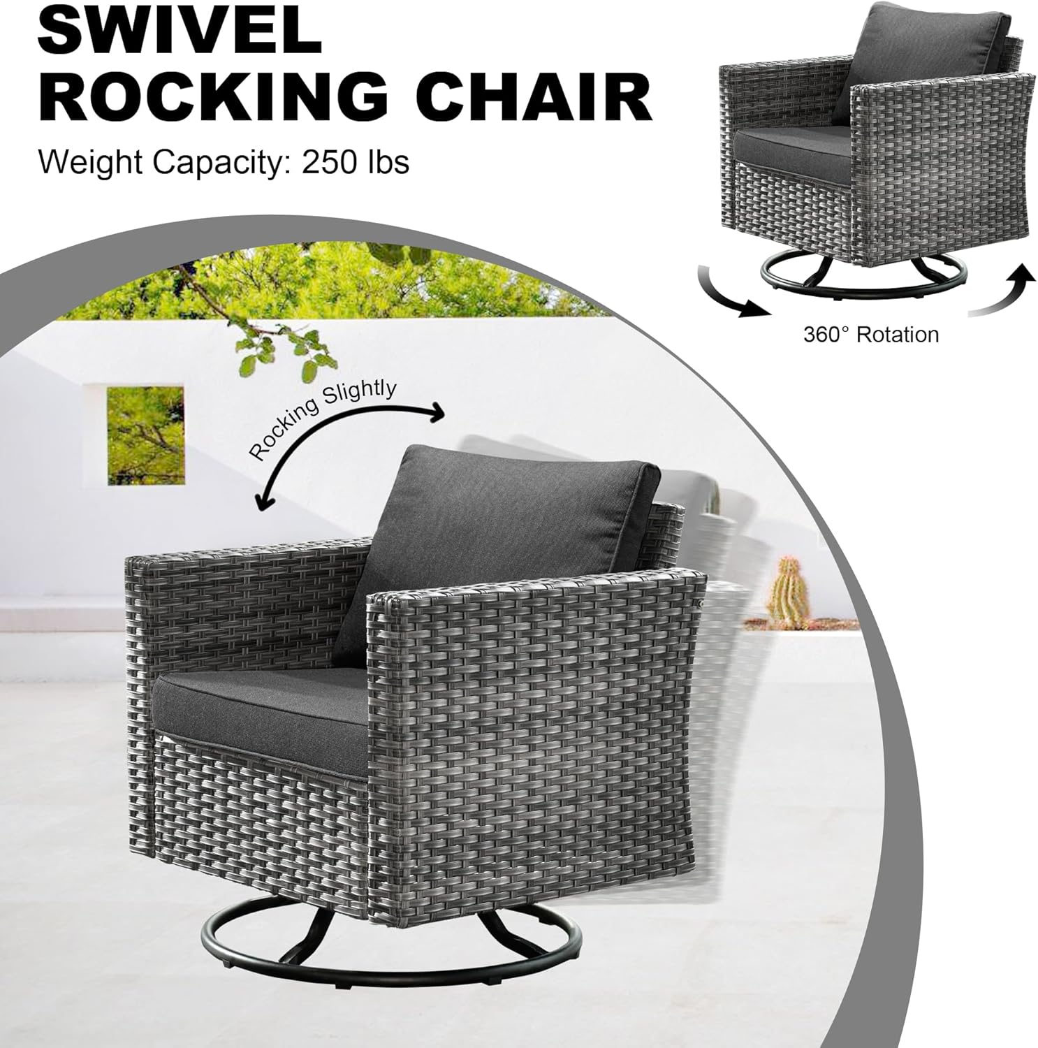 HOOOWOOO Outdoor Patio Furniture Set with Large Propane Fire Pit Table,8 Piece Modern Wicker Sofa Couch Set w Swivel Chair, Outside Weather Resistant Conversation Seating Set w Tile Back(Black)