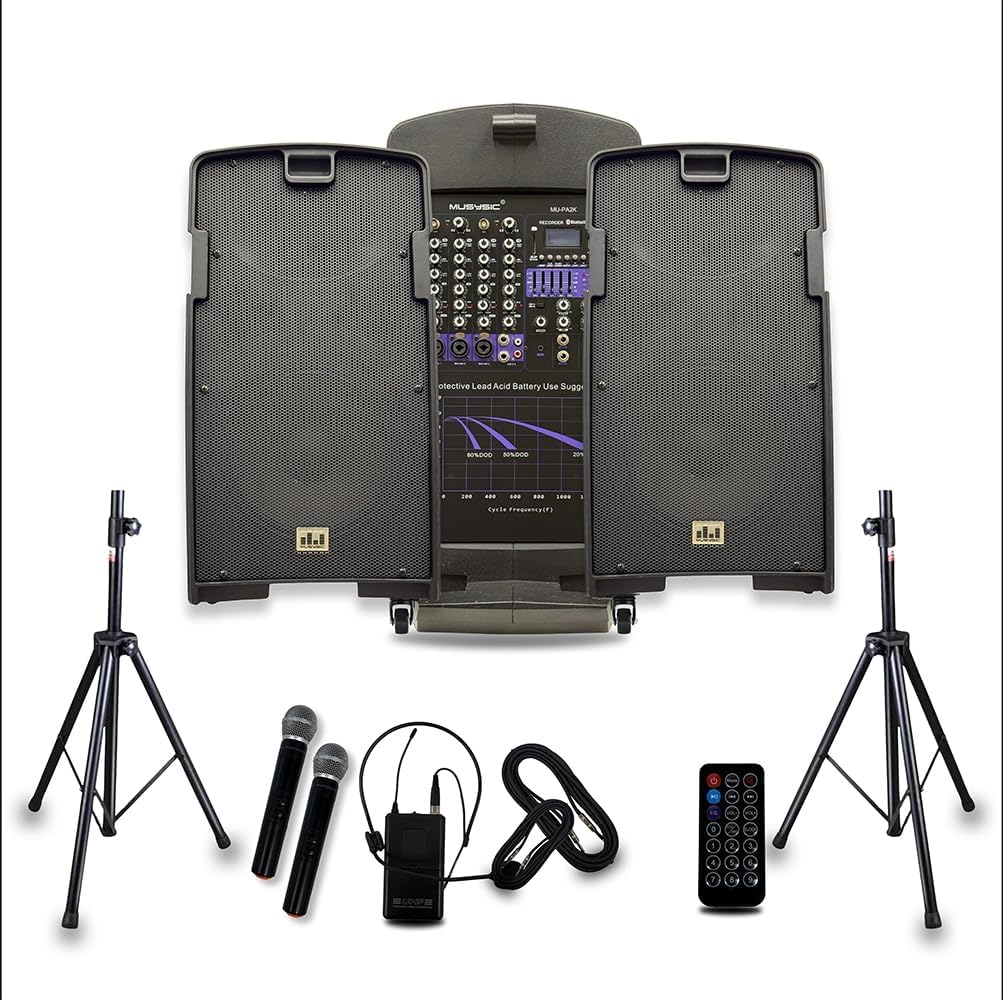 MUSYSIC PA Speaker System with 2000W Amp & Wireless UHF Microphone System-Rechargable pa System and 5 Ch Mixer wtih Power Amplifier for PA Systems- DJ & Portable Sound System-Bluetooth speaker-10