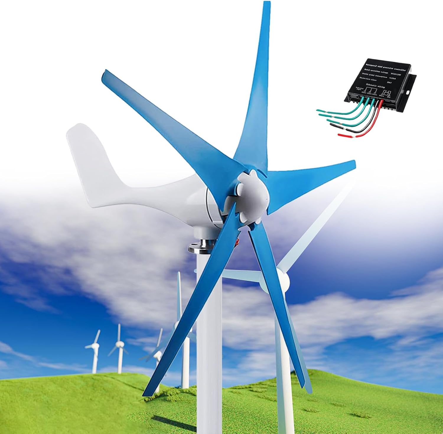 Wind Turbine Generator Kit 12000W 12V/24V/48V with 5 Blade & Charge Controller, Windmill Generator, 3 Phase AC Permanent Magnet Generator, Wind Power Generator for Marine, RV, Home,Blue-12V
