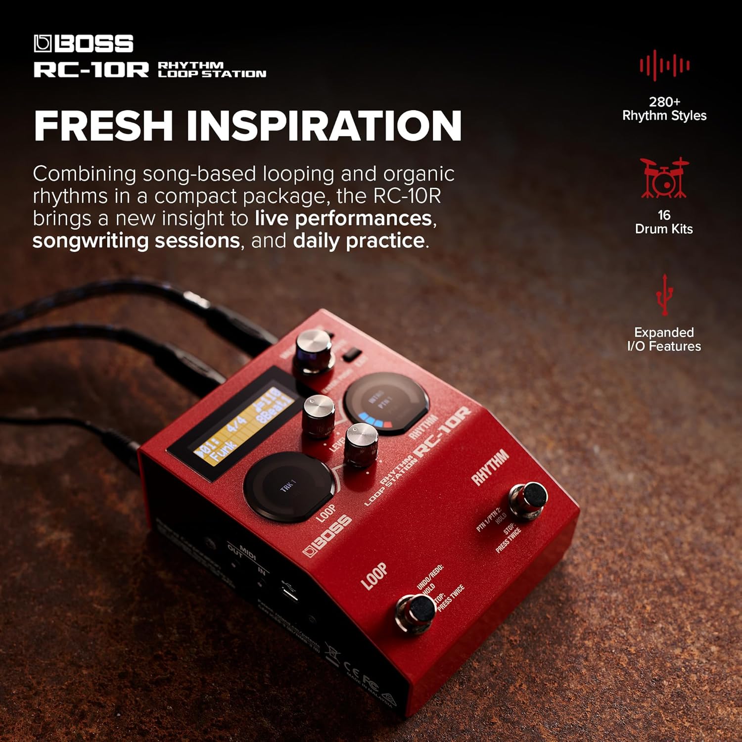 BOSS RC-10R Rhythm Loop Station | Song-Based Looping & Dynamic Rhythms in a Small Footprint | 280 Preset Styles | 16 Versatile Drum Kits | 2-Track Operation | Expanded Control Support | Full MIDI I/O