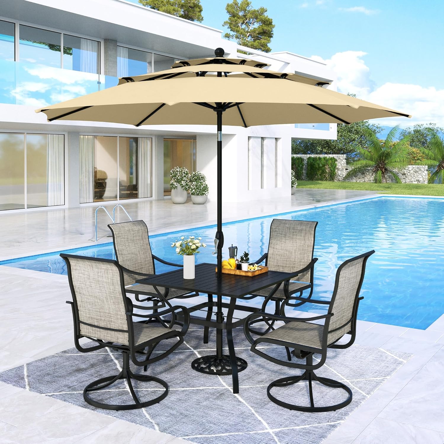 MFSTUDIO Outdoor Dining Set for 4, Patio Furniture Set with Beige Umbrella (Base not Included), Square Metal Table and 4 Swivel Chairs for Patio, Deck, Backyard, Garden