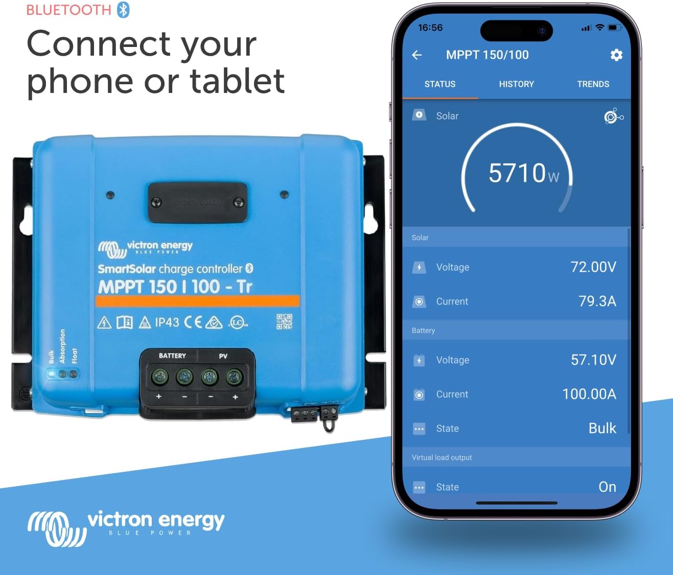 Victron Energy SmartSolar MPPT Tr Solar Charge Controller (Bluetooth) - Charge Controllers for Solar Panels - 150V, 100 amp, 12/24/36/48-Volt