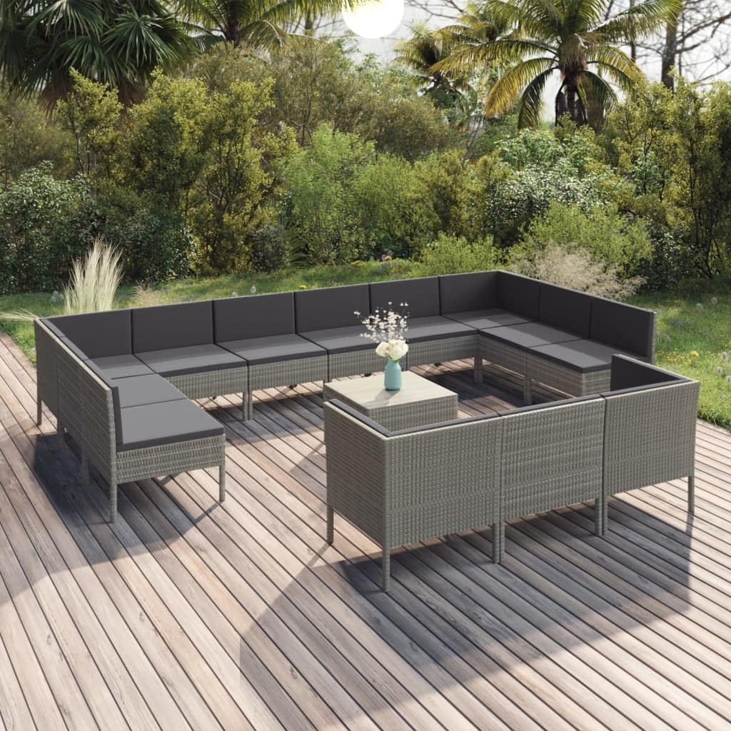 Garden Lounge Set Grey PE Rattan, Modular Outdoor Patio Furniture, Large Removable Covers, Weather-Resistant, for 14 People