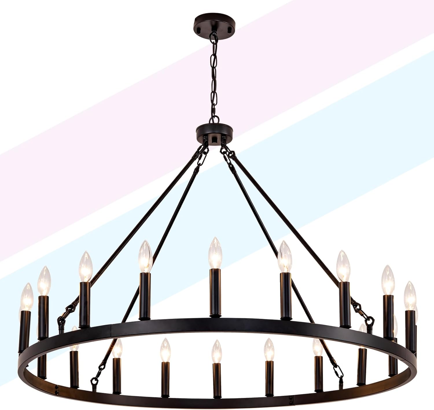 ZVL 20-Light Black Wagon Wheel Chandelier, 40 Inch Wagon Wheel Light Fixture Adjustable Height Round Iron Outdoor Chandeliers for Porch, Dining Room, Farmhouse, Living Room, E12 Socket