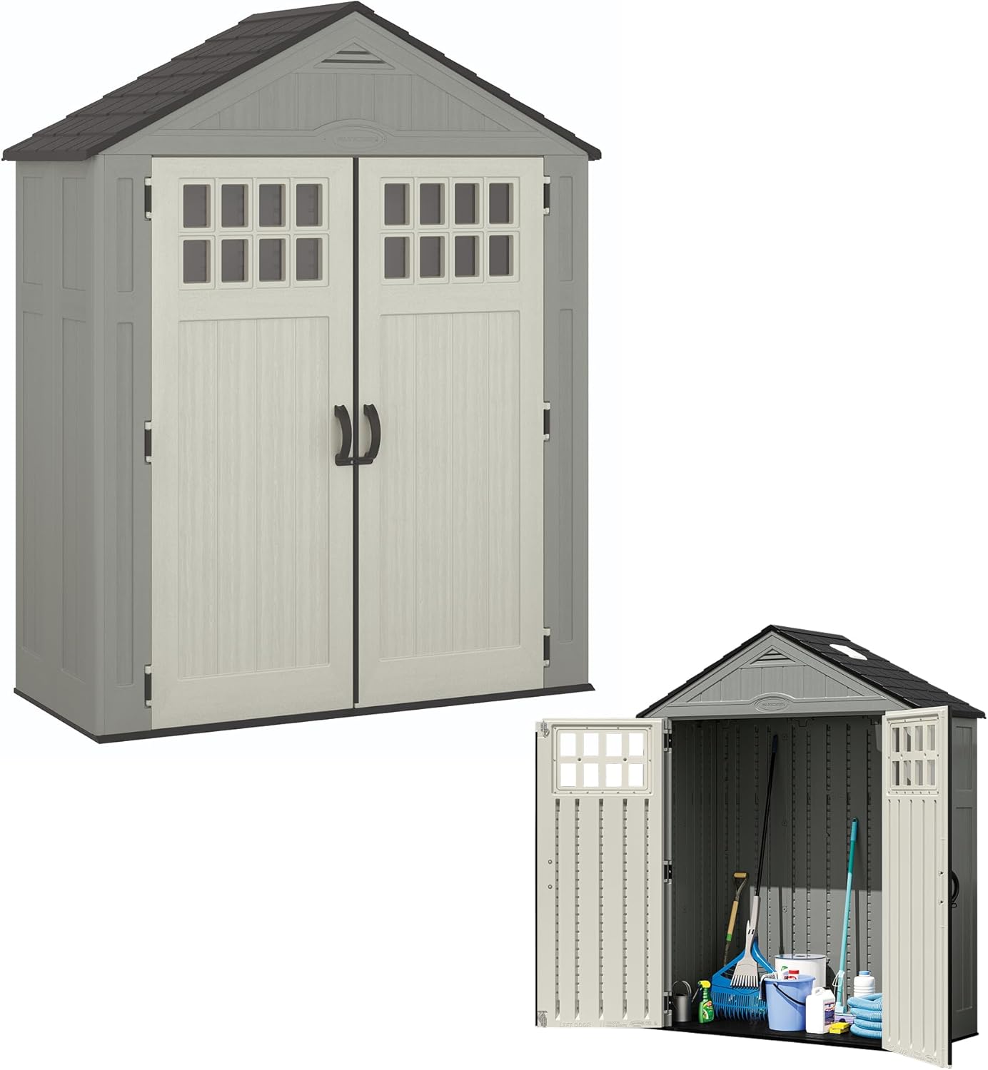 Suncast Everett 6x3 ft Vertical Storage Shed - Resin Plastic Outdoor Garden Shed with Floor, Windows, Skylight & Lockable Double Doors. Slim Yard Storage for Utility Tools & Backyard Equipment