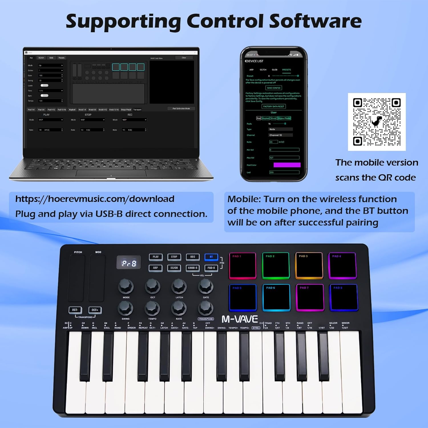 M-VAVE 25 Keys 8 Backlit Drum Pads MIDI Keyboard – Professional Beat Maker and Keytar for Keyboard Music Production Builtin Battery Wireless Connect Black