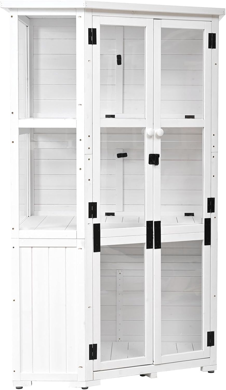 63'' Height Garden Wood Storage Cabinet,Outdoor Potting Bench,Mini Greenhouse Cold Frame,Wood Garden Work Table for Backyard,Patio,Lawn (White)