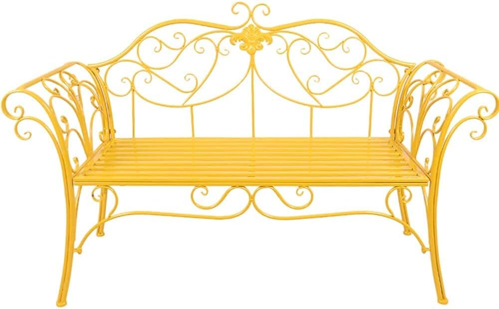 Outdoor Garden Bench, Patio Porch Chair Furniture, Park Terrace Bench Outdoor Benches, Weatherproof and Rustproof Cast Iron Garden Bench, 2-Seater Bench with Backrest and Armrests(Yellow)