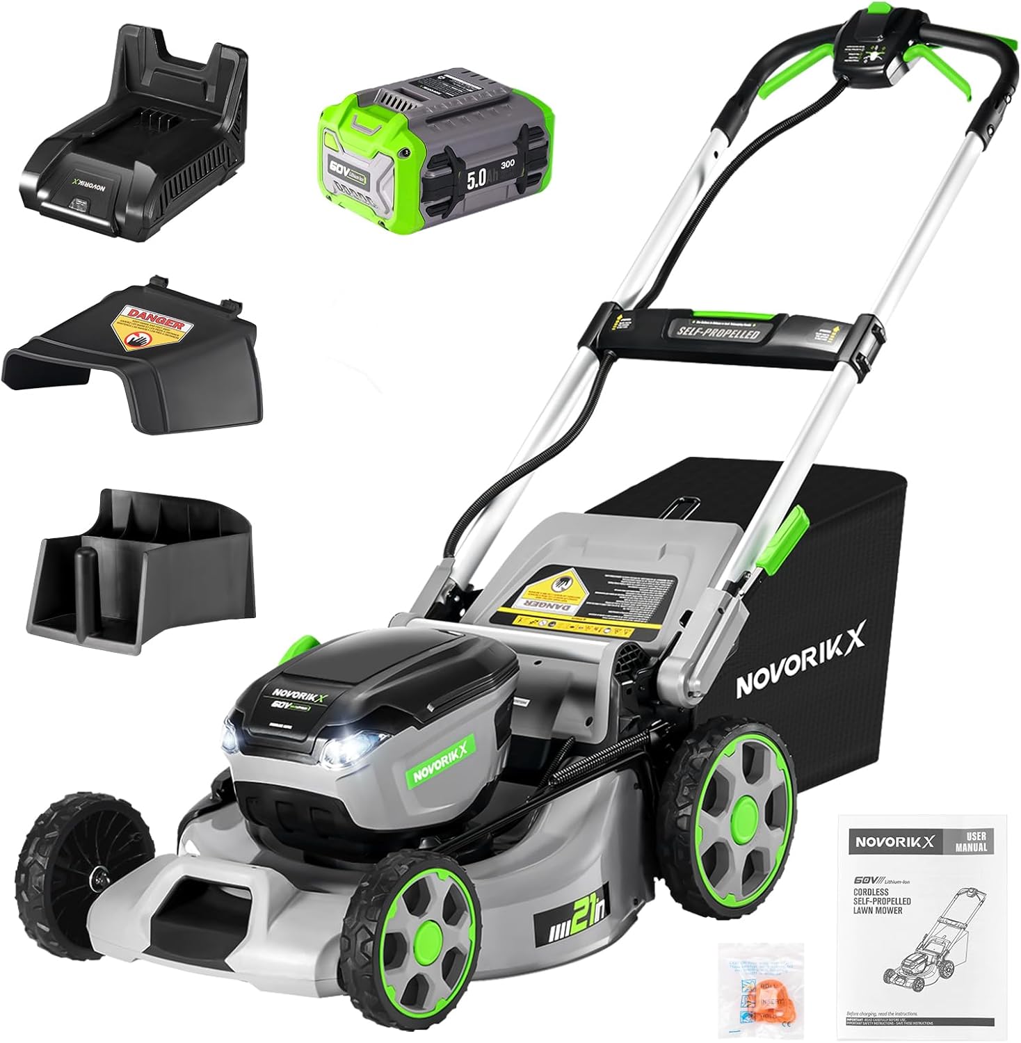 Electric Lawn Mower, Self-Propelled Lawn Mower Cordless (60V 21”), 65 Min Long Runtime with 5.0Ah Battery, Rapid Charger and LED Headlight