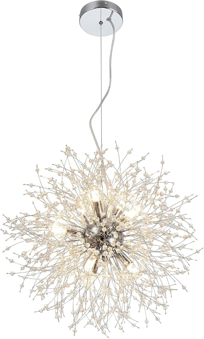 HMVPL Modern Crystal Chandeliers, Sputnik Firework Swag Hanging Lights 9-Light Pendant Lighting Fixtures Chrome for Bedroom Kitchen Island Entryway Dining Room Hallway