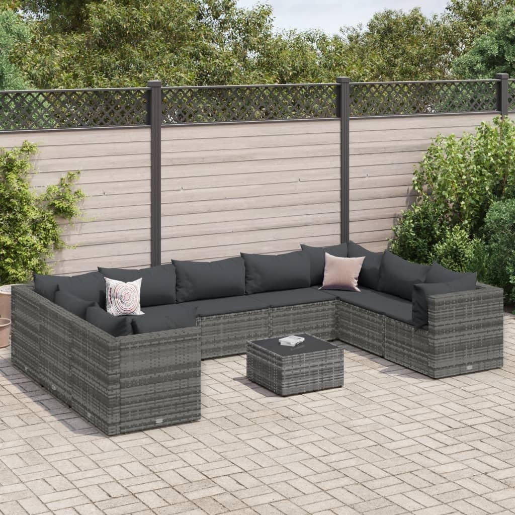 10 Piece Patio Lounge Set with Cushions Gray Poly Rattan,Rattan Patio Furniture Set with Cushions Modular Outdoor Furniture for Yard and Garden Furniture Sets for Patio, Lawn & Garden