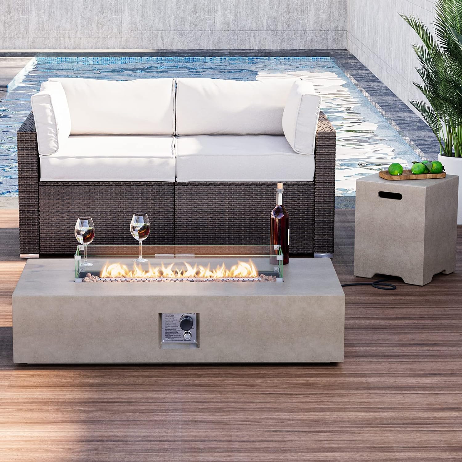 HOMPUS Outdoor Rectangular Propane Fire Pit Table, 56''x28’’x13'' Fire Table w Wind Guard & 20lb Tank Cover Table, 50000 BTU Fire Pit w Free Waterproof Cover & Fire Stone for Patio, Garden, Grey