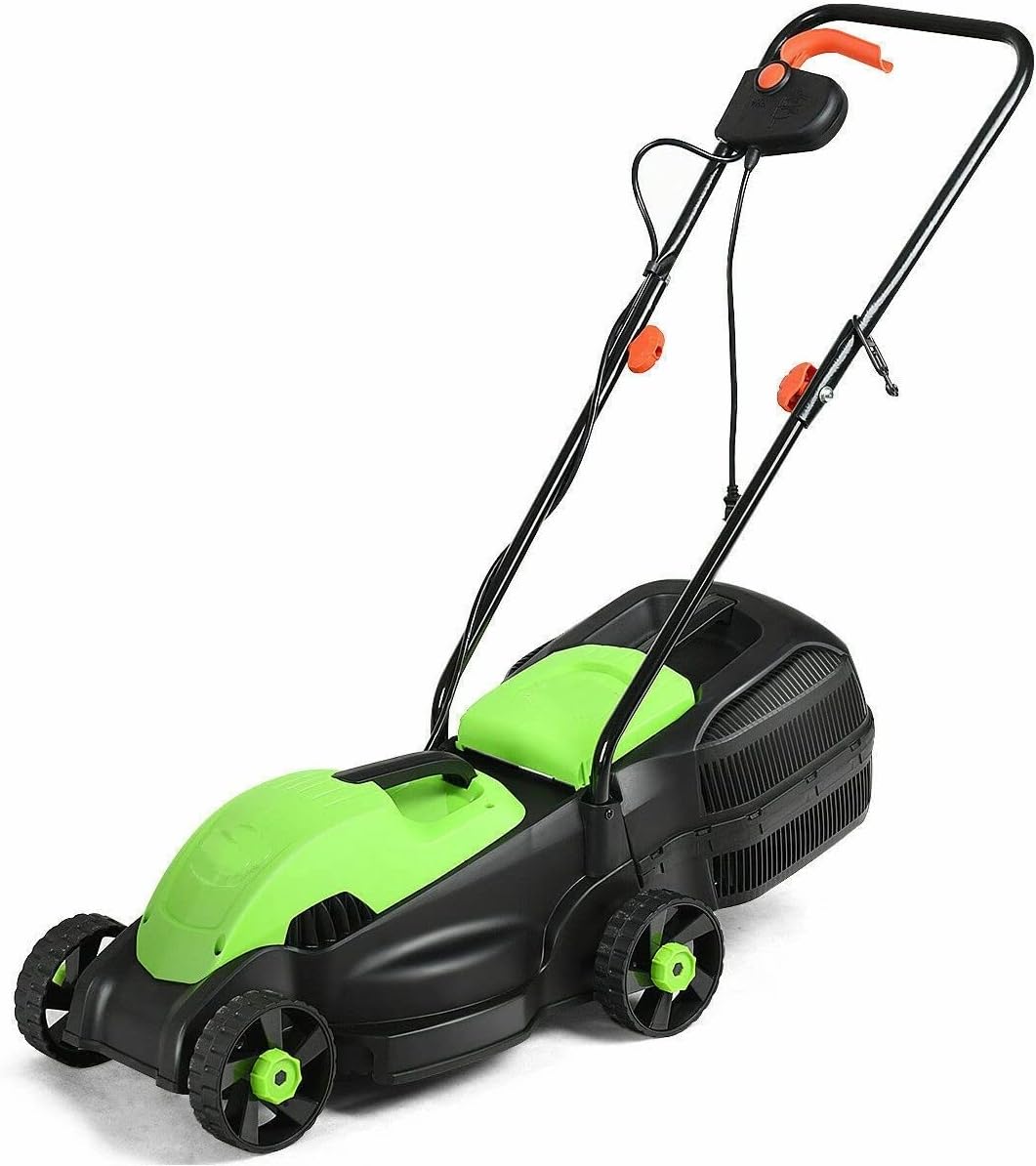 Green 12 Amp 14 Inch Corded Electric Push Lawn Mower Electric Grass Trimmer with Grass Collection Box 1200W Powerful Motor 3 Cutting Height Easy Push Button Start Ergonomic Curved Handle