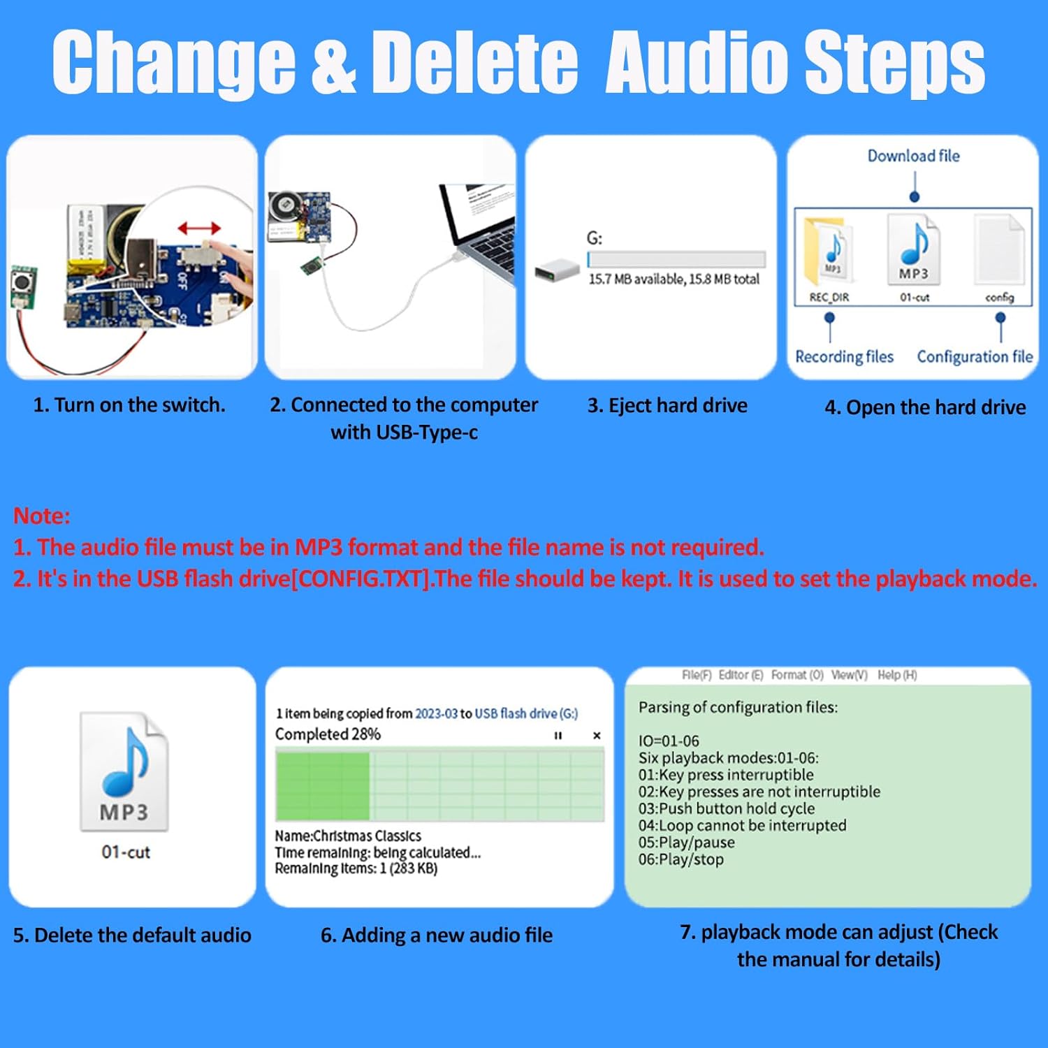 Sound Module, 16MB Push Button Activated Sound Module with Speaker,Type-C Cable Charging, 16Min Easy Sound Recording Chip for Personalized Greetings, DIY Projects, Holiday Crafts ect.(Blue-10Pack)