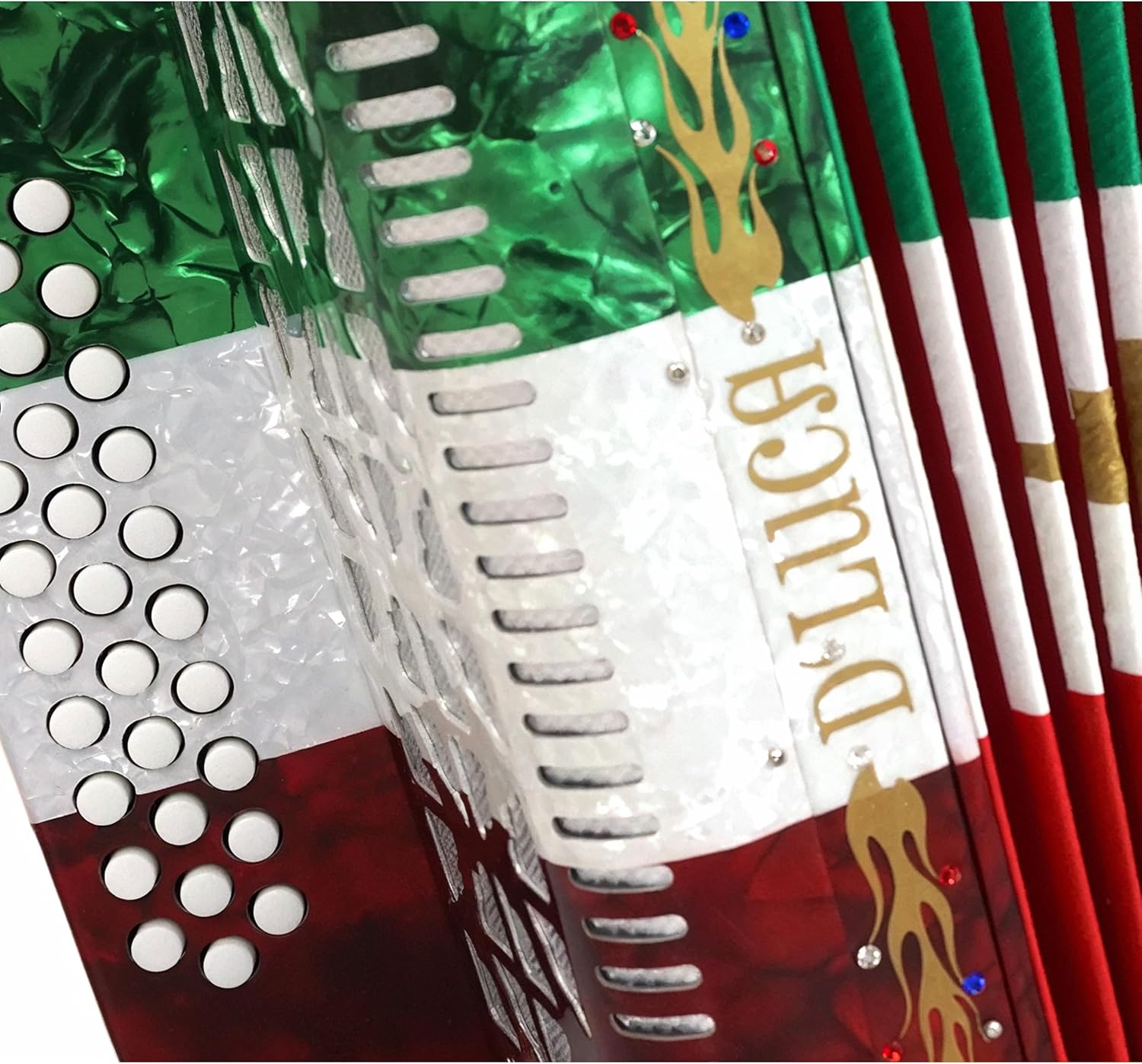 D'Luca Primo Button Accordion 31 Keys 12 Bass on FBE Key with Case and Straps, Red, White, Green