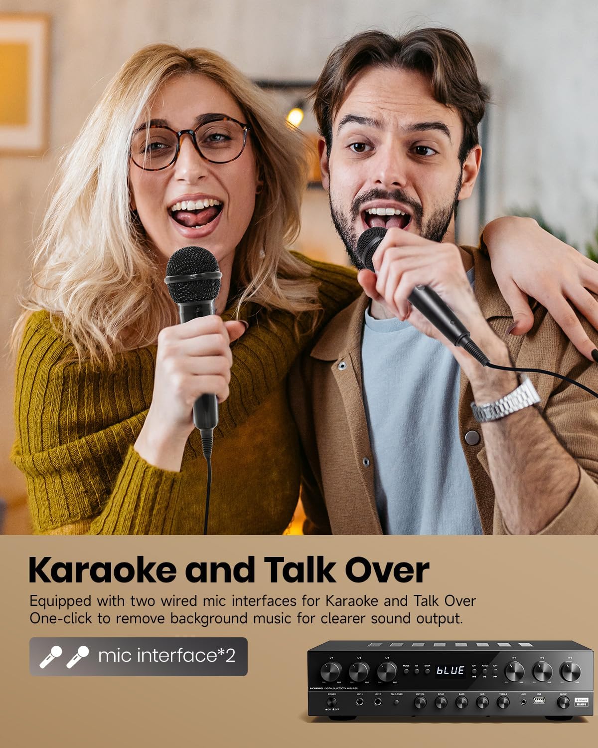 Donner Stereo Receivers, Premium 1000W Peak Power 6 Channel Audio Amplifier with Bluetooth 5.3, USB, FM, 2 Mic-in, Echo, RCA, Optical/Coaxial Input for Home, Karaoke, Theater Speakers, MAMP6