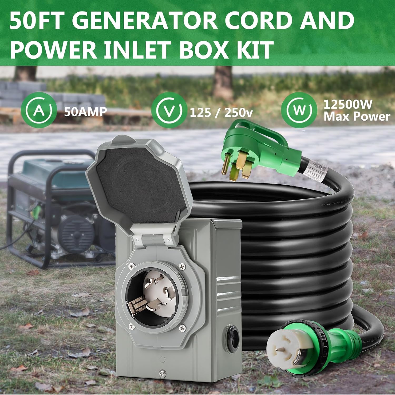 50 Amp Generator Power Inlet Box & Interlock Kit, 50FT 125V/250V Heavy Duty STW Cord, NEMA 14-50P/SS2-50R RV Power Cord ETL Listed, Black & Green, HTCD-22