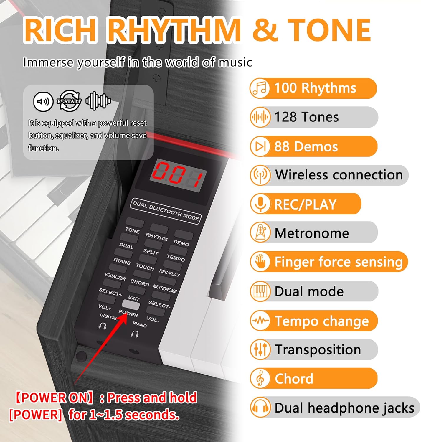 WENCAI 88 Key Electric Piano Velocity-Sensitive Keyboard, 88 Keys Home Upright Digital Pianos, Wooden Electronic Piano for Beginner Adult with 3 Pedals, Supports USB-MIDI/Wireless Connect, Black