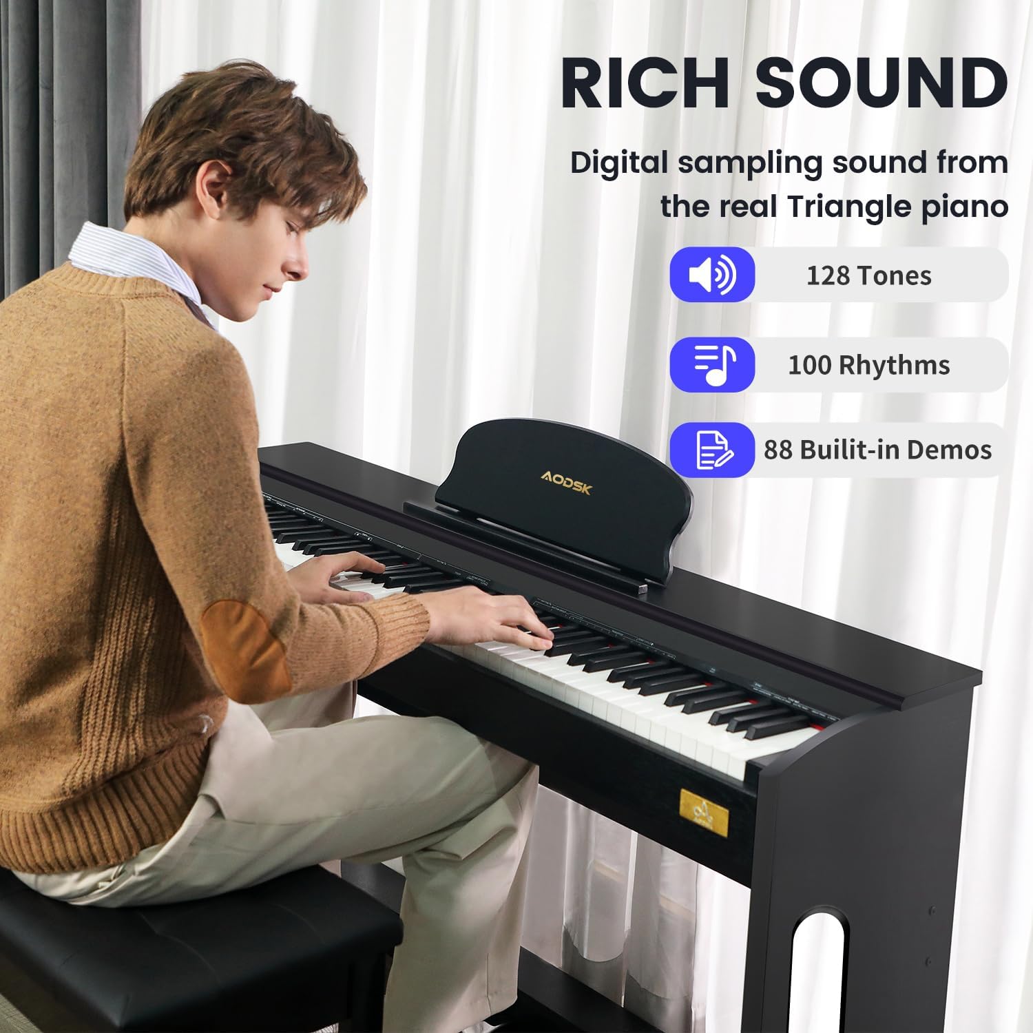 AODSK 88 Key Weighted Action Digital Piano with Furniture Stand and Triple Pedals PB-83S+AODSK Adjustable Wooden Piano Bench ALP-22