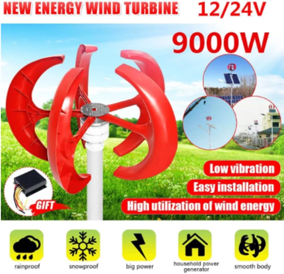 Red 9000W 5 Blades Vertical Axi Wind Turbines Generator Lantern 12V 24V Motor Kit Electromagnetic for Home Streetlight Use