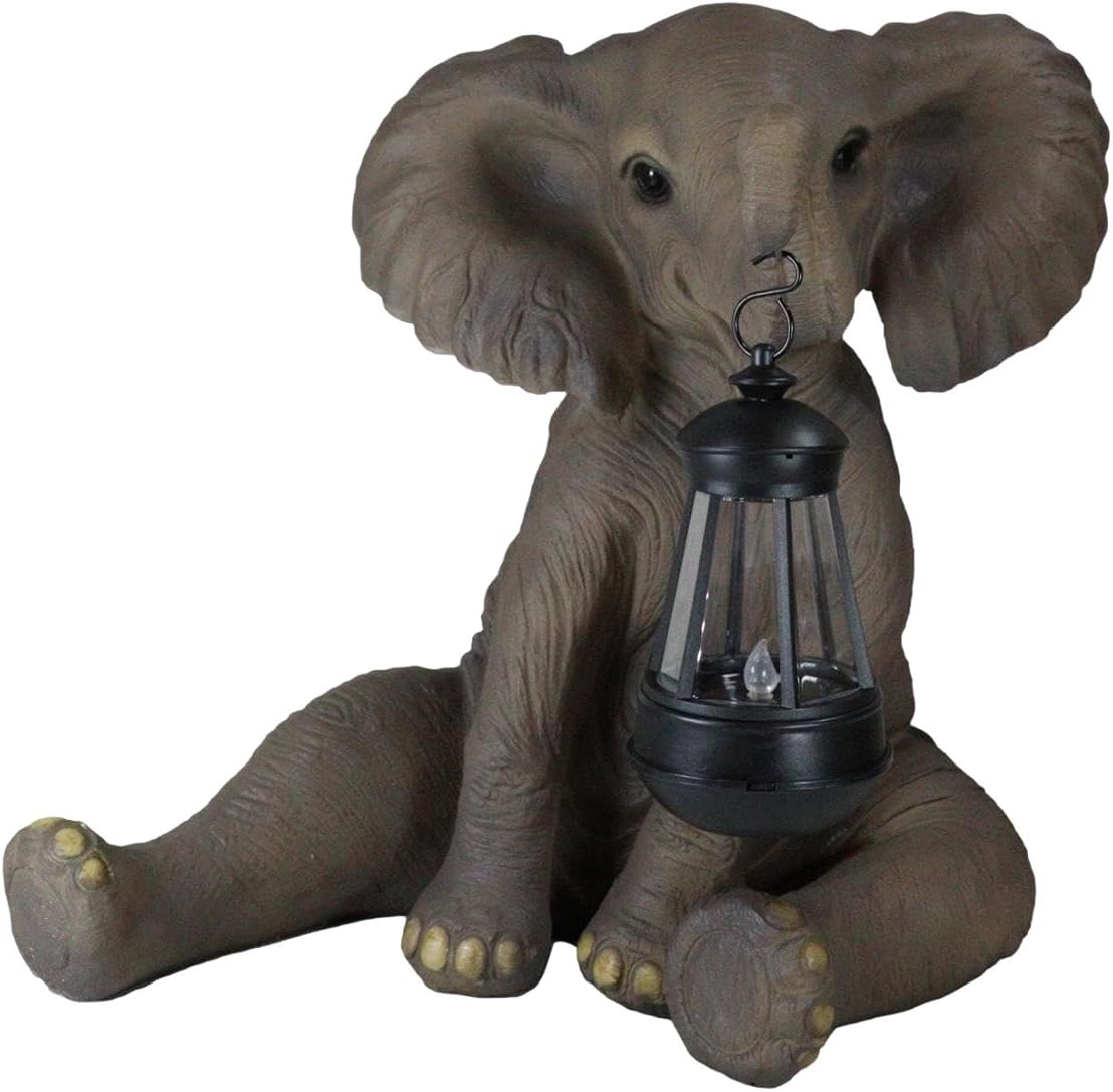 Ebros Safari Savanna Wildlife Animal Melee Adorable Pachy Elephant Statue Home Patio Decor Figurine with Solar LED Light Lantern Lamp 13.75