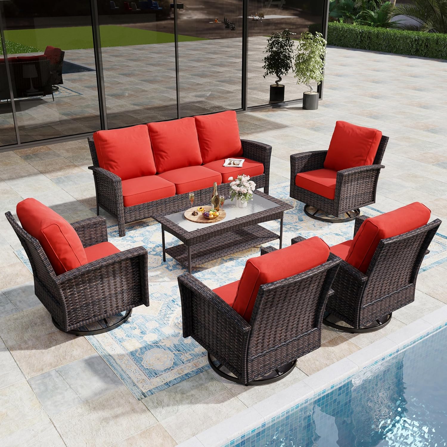6-Piece Wicker Patio Furniture Set with Swivel Chairs, High Back Outdoor Sofa with 5.5-inch Thick Cushion, All-Weather Wicker Patio Conversation Set for Deck Yard Pool, Red