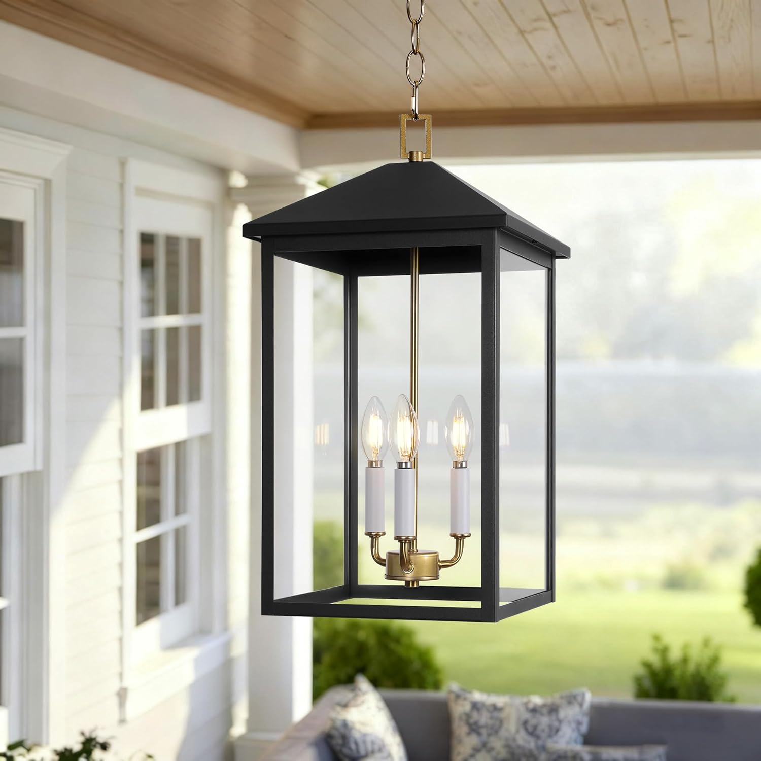 LamQee 21.2'' Large Outdoor Pendant Light Fixtures, 3-Light Modern Black Exterior Ceiling Hanging Lantern with Gold and White Candle, Outside Chandelier Lighting for Front Porch Entryway Patio Gazebo