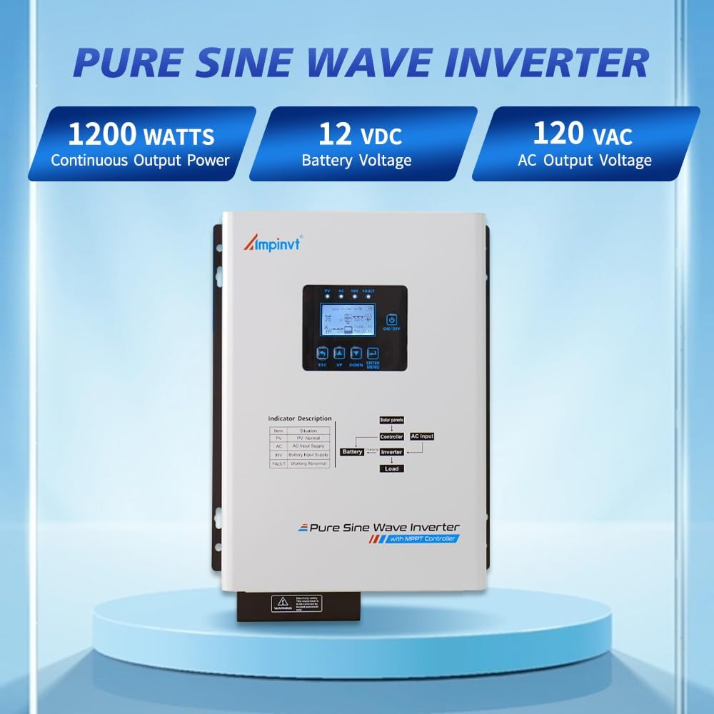 Ampinvt 1200W Pure sine Wave Solar Inverter 12V DC to 120V AC for Home Backup,Off-Grid Living,Built-in 40A MPPT Solar Controller,Solar & AC Input Charger,Compatible with Lifepo4 Battery