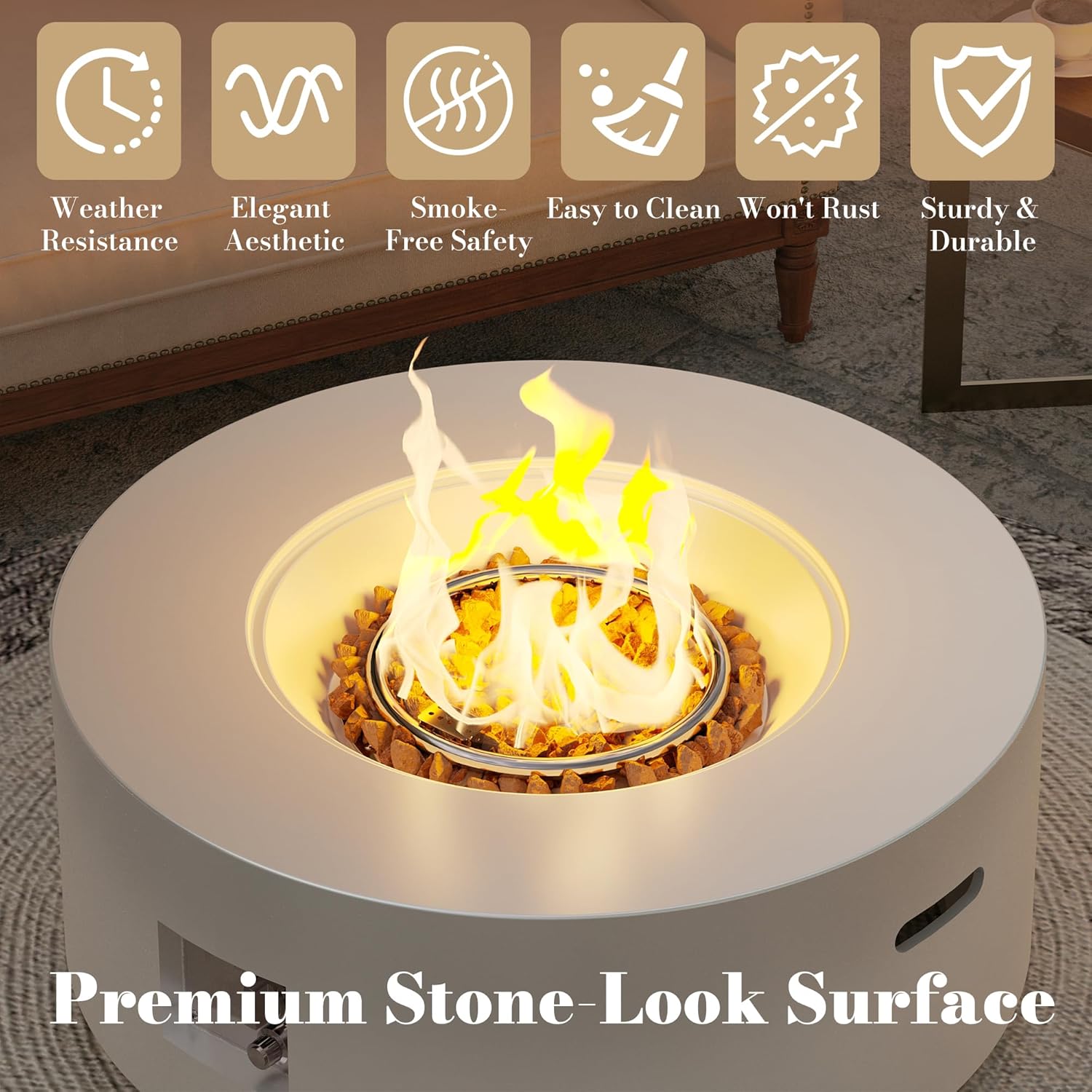 32.5 Inch Propane Fire Pit Table, 50,000 BTU Round Patio Fire Pit Table Outdoor, CSA Certified, Stainless Burner with Steel Lid, Waterproof Cover & Lava Rocks, for Backyard Garden, White