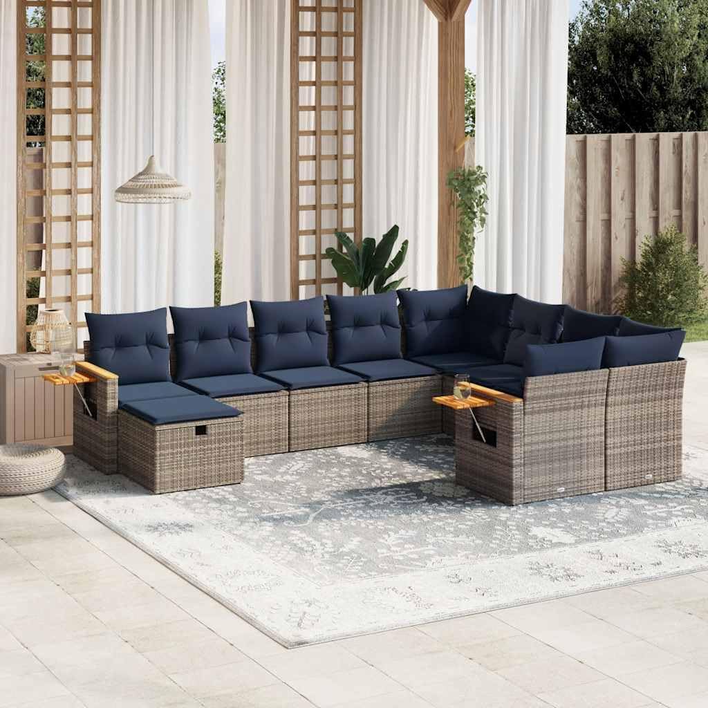 10 Piece Patio Sofa Set with Cushions, Grey Poly Rattan Outdoor Furniture, Modular Design for Backyard Terrace