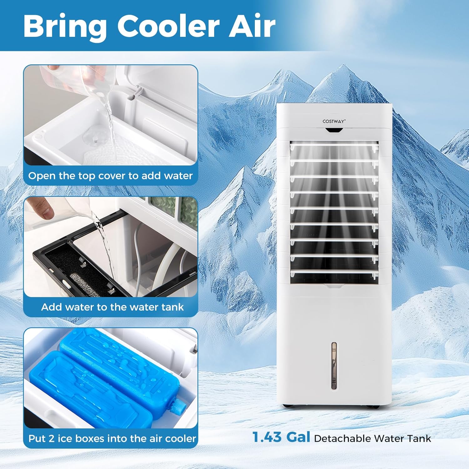COSTWAY Evaporative Air Cooler and Heater, 3-in-1 Portable cooling fan with 3 Modes, 3 Speeds, 12-Hour Timer for Auto Off, 5.4L Water Tank, Control Panel, Swamp Cooler for Home Bedroom Office