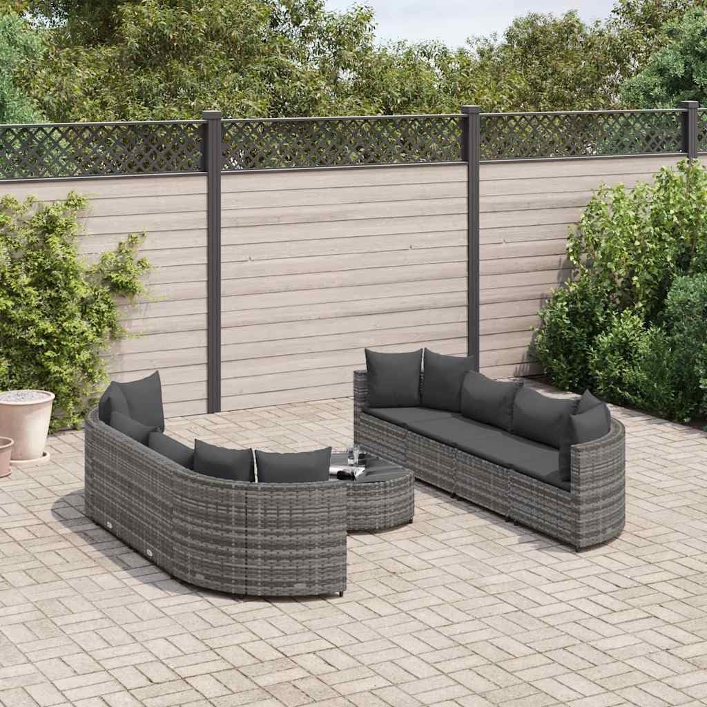 9 Piece Patio Sofa Set with Cushions Gray Poly Rattan Garden Furniture