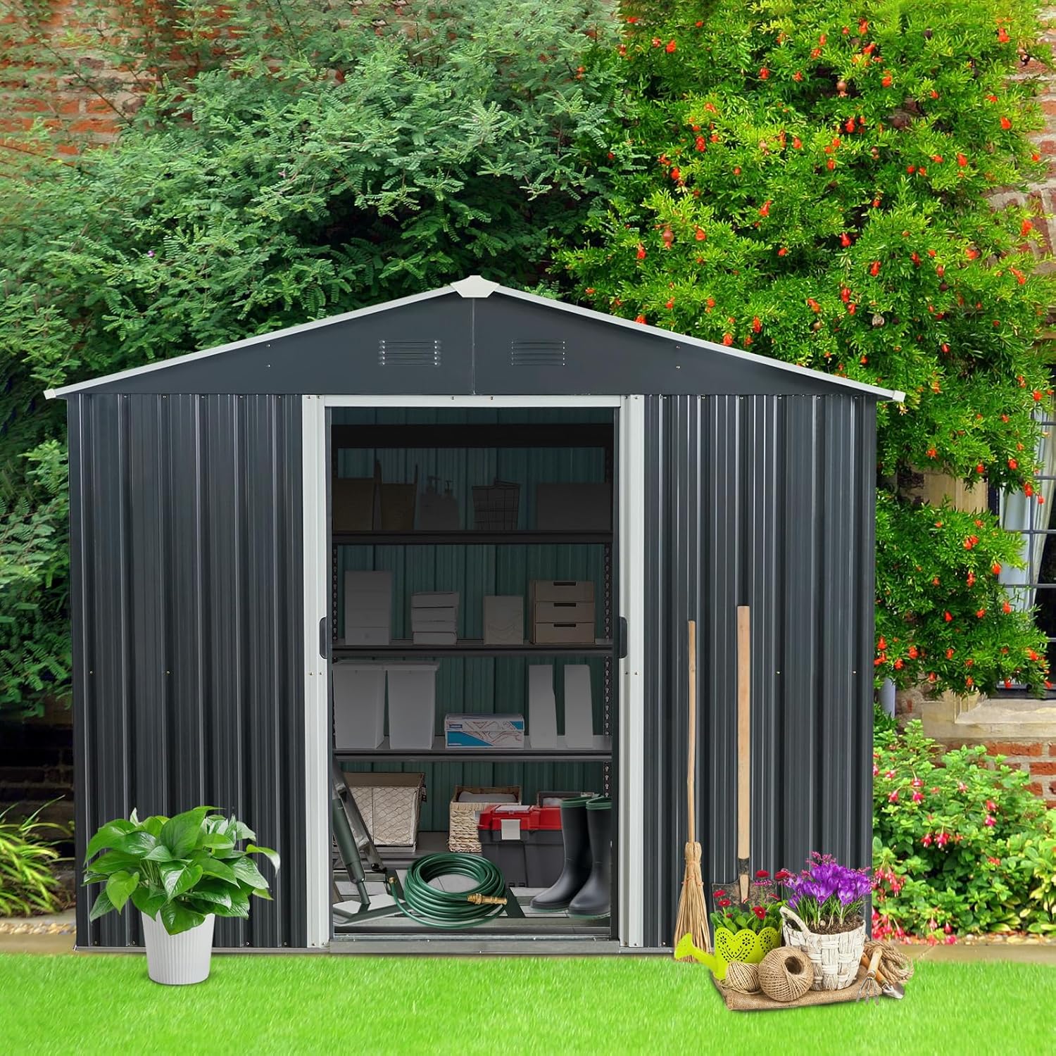 8x10 FT Outdoor Metal Shed,Tool Storage Cabine with Floor Base and Vents,Sliding Doors & Padlock,Waterproof Oversized House Shelter for Backyard Lawn Patio,Garden,Black